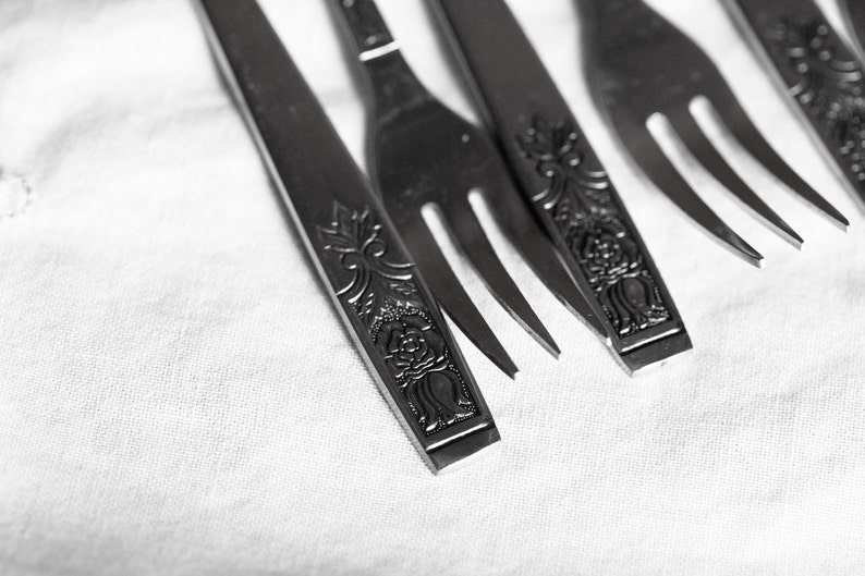 Young Rose pattern made in Korea set of 8 Imperial cocktail forks stainless steel flatware by Imperial Set of shrimp forks