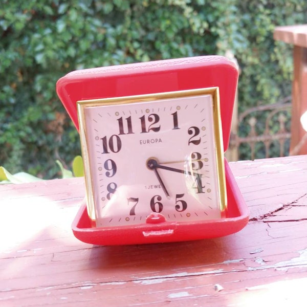 Mid Century collapsible alarm clock, red travel clock, collapsible travel clock made in Germany,mid century office decor, Europa 1 Jewel