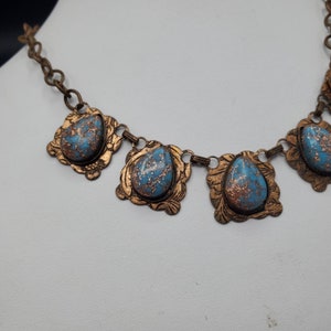 Vintage COPPER turquoise faux STONE Necklace, turquoise Necklace, 1950s in Copper Setting, copper chain and faux stone medallions,boho