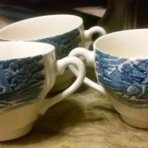 REDUCED! Willow Blue English China Tea Cups, Rare Willow Teacup Set, 3 Piece tea Cup Set, Blue and White China, Willow, Depression Era