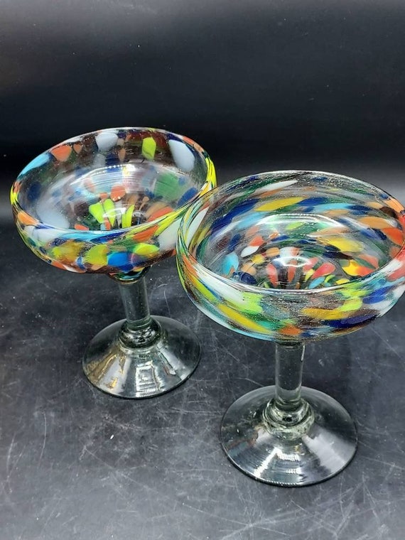 Hand Blown Margarita Glasses,multi Colored Margarita Glass Set,pair of 2,collectible  Barware,blown Glass,glassware,confetti Colored Glass 