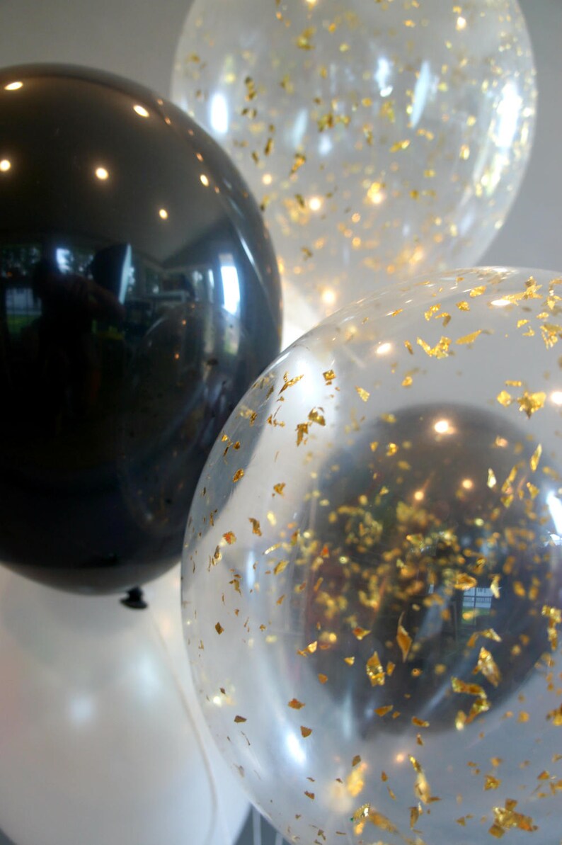 Black White Gold Balloon Bouquet with Gold Glitter Confetti Etsy
