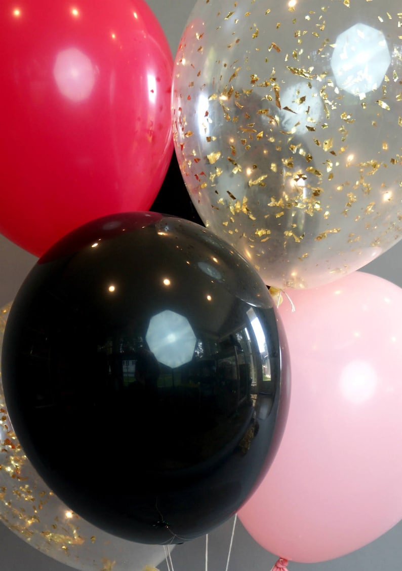 Black and Pink Balloon Bouquet with Gold Glitter Confetti Balloons Bundle of 6 balloons
