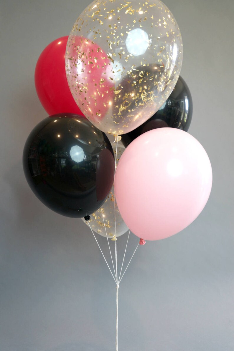 Black and Pink Balloon Bouquet with Gold Glitter Confetti Balloons Bundle of 6 balloons