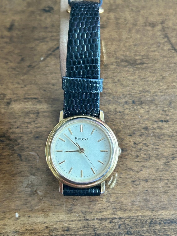 Vintage Bulova Quartz Gold Face Womens Watch With Black Genuine Leather Band Etsy Ireland