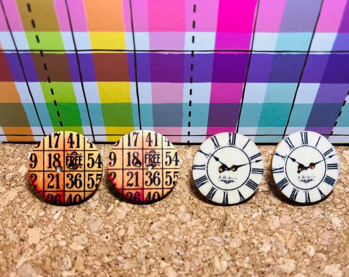 Bingo Earrings / Clock earrings Button Stud Earrings / Big Button Earrings / Mcm style / Vintage Style