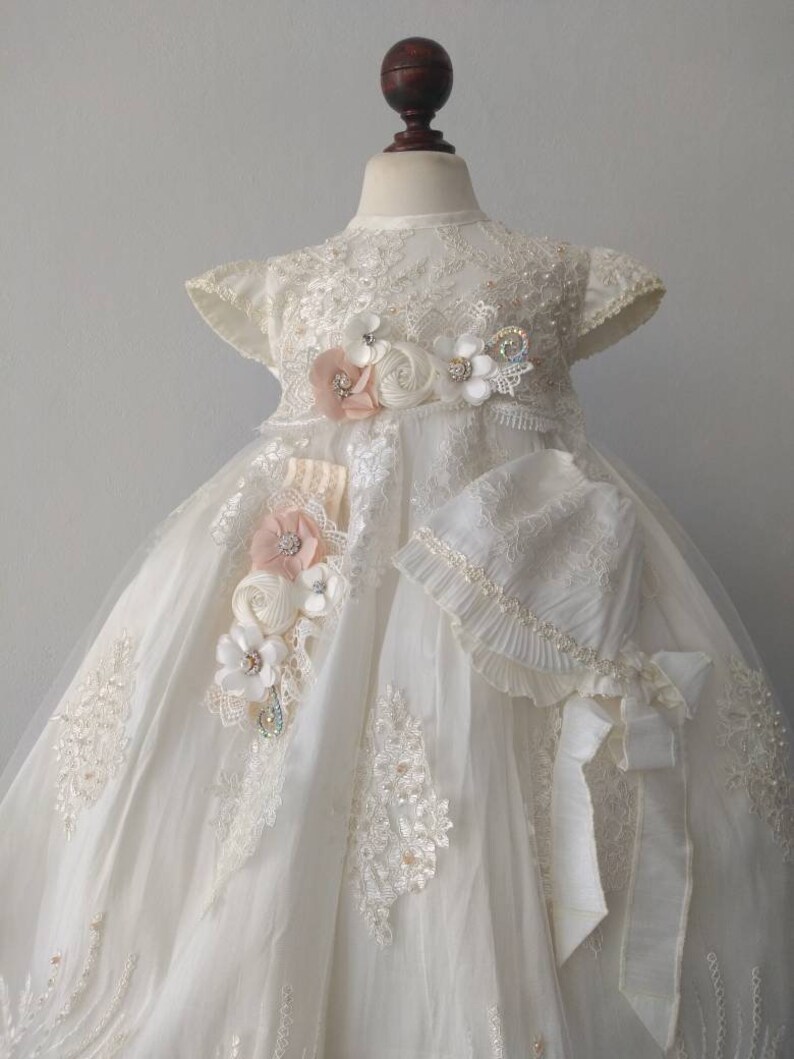 includes headband hat Beautiful long christening gown candle set and matching shoes embroidered with crystals and beautiful flowers