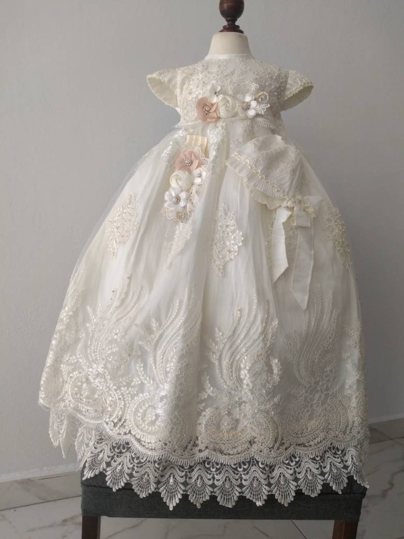 includes headband hat Beautiful long christening gown candle set and matching shoes embroidered with crystals and beautiful flowers