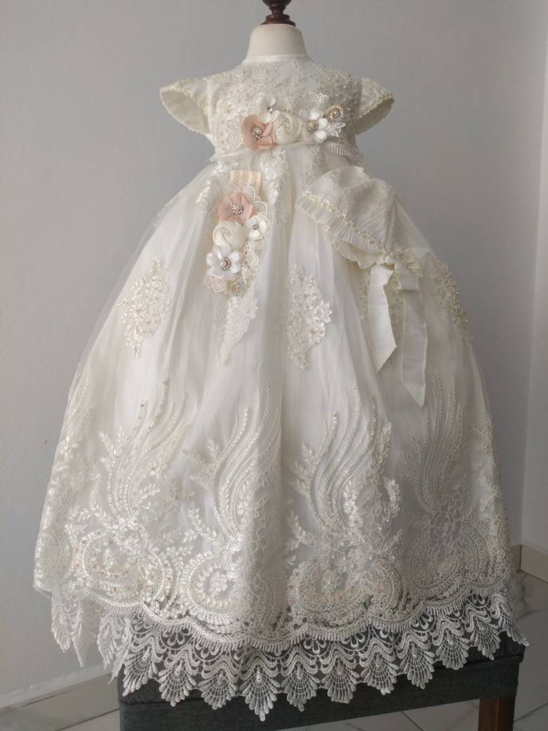 includes headband hat Beautiful long christening gown candle set and matching shoes embroidered with crystals and beautiful flowers
