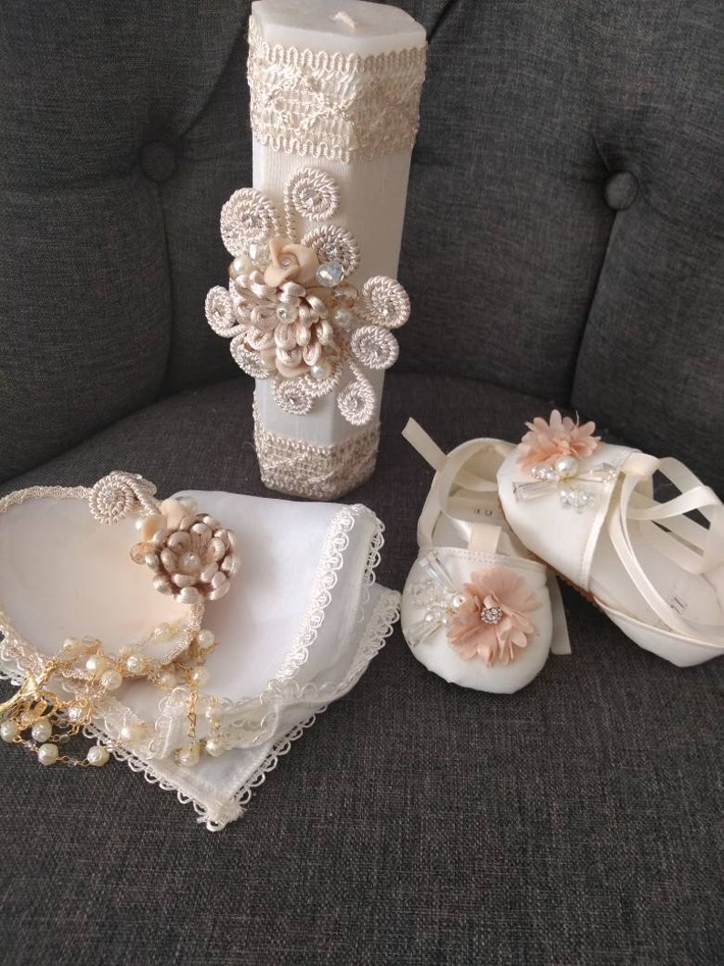 includes headband hat Beautiful long christening gown candle set and matching shoes embroidered with crystals and beautiful flowers
