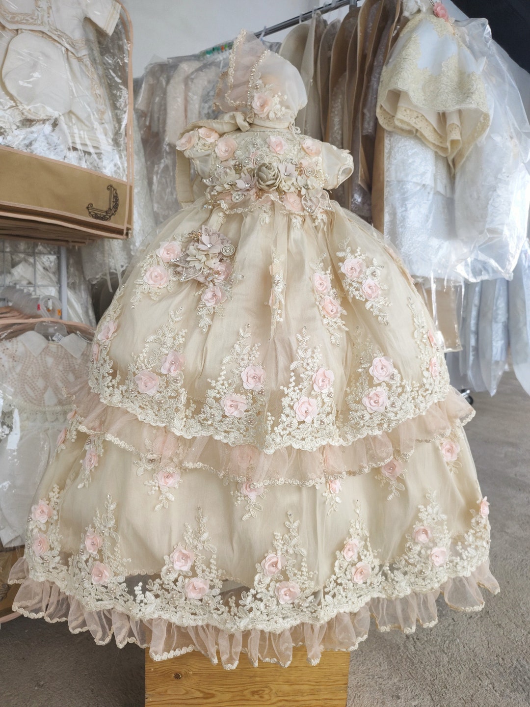 Beautiful Christening Gown Complete Set, Baptism Robe, Ivory Baptism