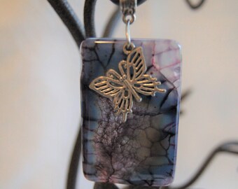 Dragon Vein Agate Pendant with Butterfly Charm