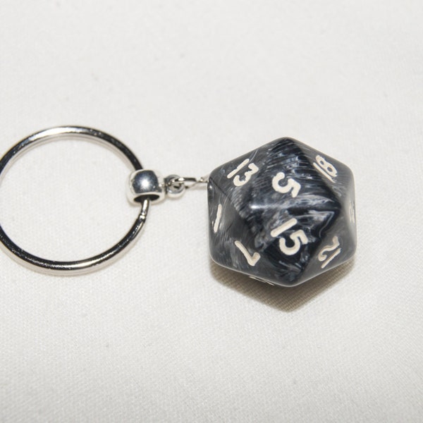 Silver and Black Marbled D20 Keychain