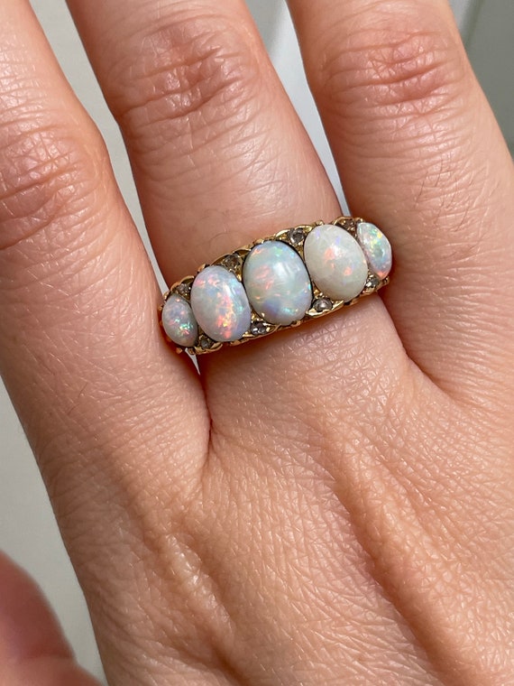 18k Yellow Gold Gorgeous 5 stone Victorian Opal R… - image 3