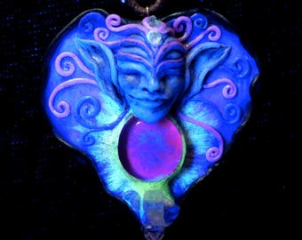 Fluorescent Elf Pendant-trippy pendant glow in the dark pixie UV reactive psychedelic jewelry fluo pointed ears psytrance burning man blue