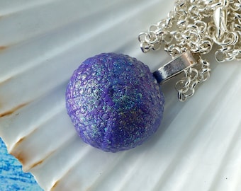 Mermaid Pendant-sea urchin jewelry galaxy glitter purple blue mermaids treasure mermaid magic ocean love sea beach summer silver chain ooak