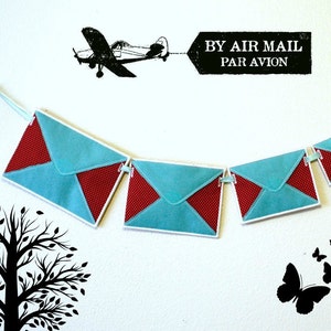 May include: A blue and red envelope banner with the text "By Air Mail Par Avion" hanging from a white wall. The banner is decorated with butterflies and a small airplane.