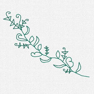 May include: A green line drawing of a stylized floral branch with leaves and swirls.