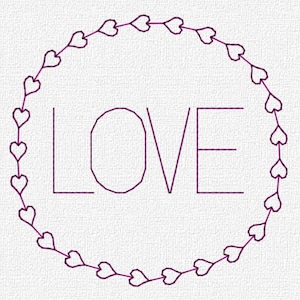 May include: A white background with a purple heart wreath surrounding the word "LOVE" in a simple, sans-serif font.