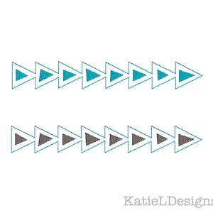 May include: Two rows of teal blue triangles with gray triangles inside. The triangles are outlined in teal blue.