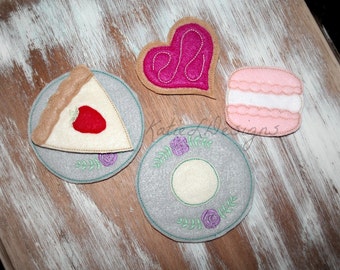ITH Felt Desserts and Plate Set Machine Embroidery Design Pattern Download In The Hoop Dessert Cheesecake Macaroon Cookie 4x4