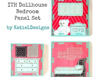 In The Hoop Dollhouse Bedroom Panel Set Machine Embroidery Design Pattern Download 4x4 ITH Toy Dollhouse or Travel Dollhouse