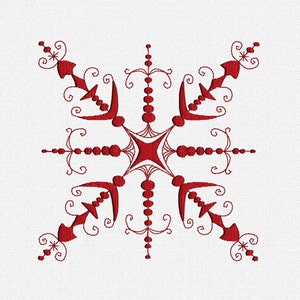 May include: A red snowflake design with intricate details, including a central star shape and curved lines.