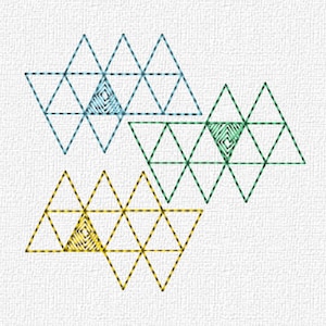 May include: Three overlapping geometric triangles, each with a smaller triangle inside. The outer triangles are outlined in black and filled with blue, green, and yellow.