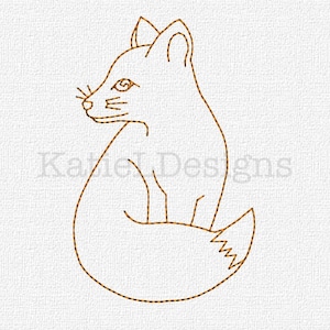 May include: An embroidered fox design in brown on a white background. The fox is depicted sitting, with its head turned to the left. The text "Katie Designs" is below the fox.
