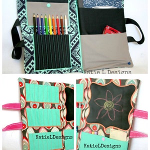 May include: A fabric art supply organizer with multiple pockets and compartments. The organizer features a black and teal geometric pattern, with a teal trim. It includes colored pencils, a notebook, and a chalkboard with a flower drawing. The text "Katie L Designs" is visible.