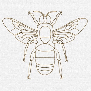 May include: A line drawing of a bee with wings outstretched. The bee is outlined in brown thread and has a segmented body.