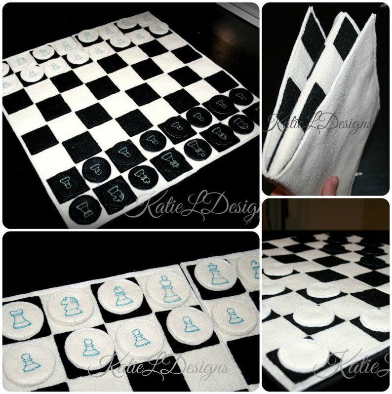ITH Full Size Chess Board with Pieces Machine Embroidery Design Pattern Download Checkerboard Felt Travel Game In The Hoop image 1