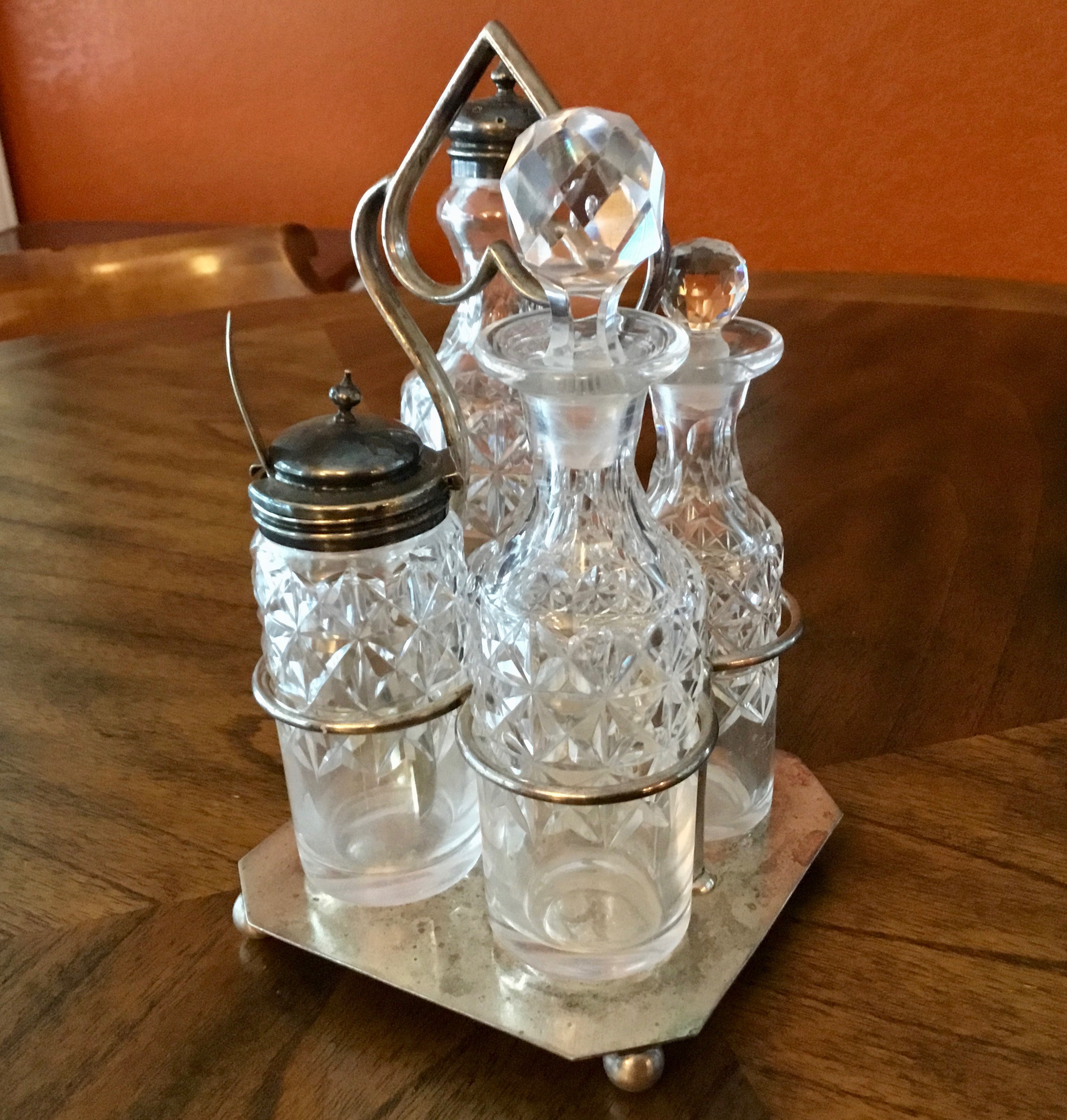 アンティーク雑貨 Antique Condiment Set (6 Pieces) Antique Victorian Electroplated Silver Caddy and Cut Glass