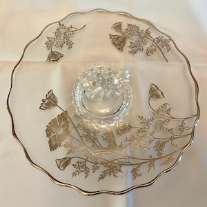 Vintage Silver City Glass Company &quot;Flanders Clear&quot; Silver Overlay 12.0&quot; Serving Dish with Handle - Made in USA - 1920&#39;s to 1950&#39;s