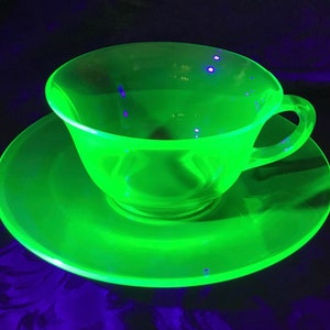 Vintage Hazel Atlas &quot;Ovide Green&quot; Vaseline Glass Cup and Saucer Set - Made in USA - 1930 to 1935