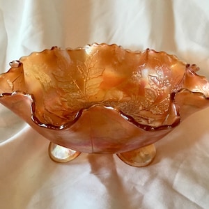 Antique Fenton Art Glass Iridescent Marigold Carnival Glass &quot;Stag and Holly&quot; Ruffled Bowl with Spatula Feet - Made in USA - 1912 to 1922