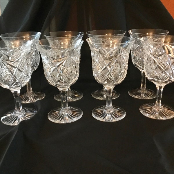 Antique T. B. Clark & Co. American Brilliant Period (ABP) Cut Glass Set of Eight Water or Wine Glasses with Hexagonal Stems - 1894 to 1911
