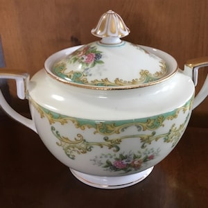 Vintage Noritake Hand Painted Porcelain Covered Sugar Bowl with Floral and Gold Accents (Athena Pattern) - Made in Japan - 1950's