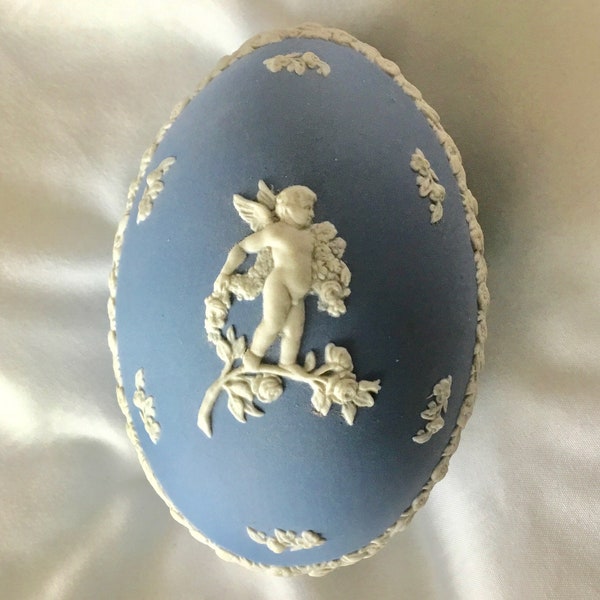 Vintage Wedgwood Jasperware "Cherub" Egg Trinket Box (Cream on Light Blue) - Made in England - 1970's