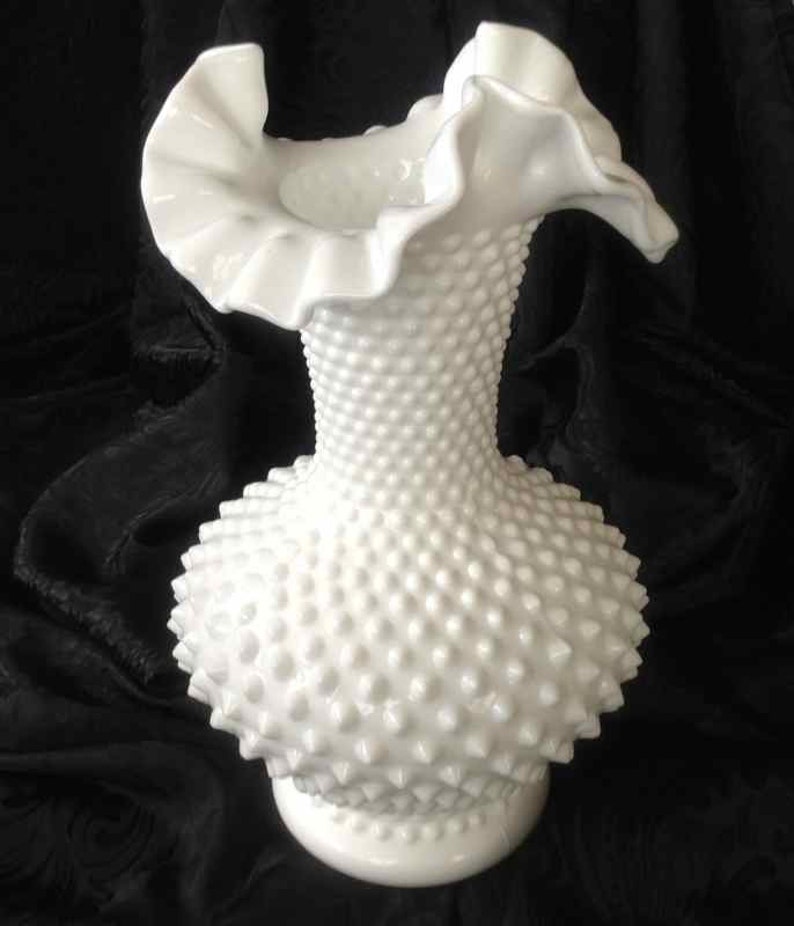 Vintage Fenton Hobnail Crimped Edge and Footed Milk Glass Vase Etsy