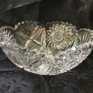 Antique American Cut Glass Bowl with Hobstars, Fans, and Sawtooth Edge - Possible American Brilliant Period Cut Glass (1876 to 1916)