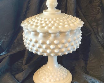 Vintage Fenton Hobnail Milk Glass Footed Candy Box with Lid - 1970's to 1990's