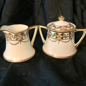 Antique Noritake "Nippon" Hand Painted Porcelain Covered Sugar Bowl and Creamer with Floral and Gold Accents - Made in Japan - 1910 to 1911
