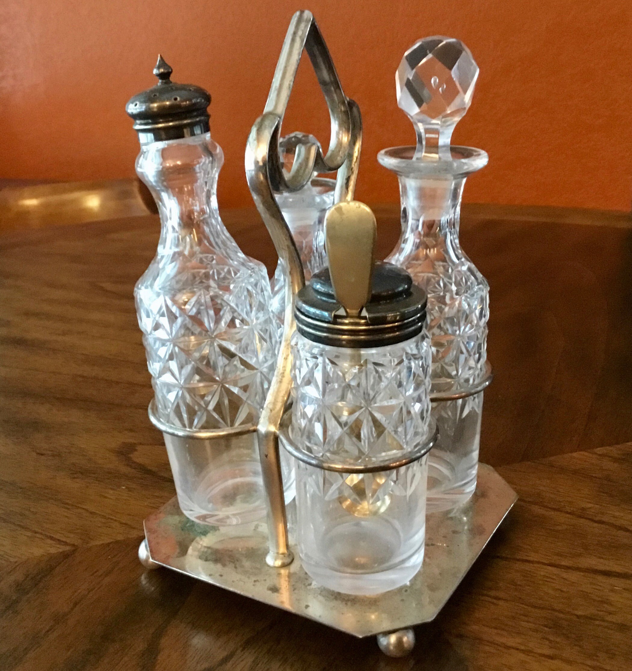 Antique Victorian Electroplated Silver Caddy and Cut Glass