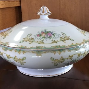 Vintage Noritake Hand Painted Porcelain Covered Serving Bowl with Floral and Gold Accents (Athena Pattern) - Made in Japan - 1950's