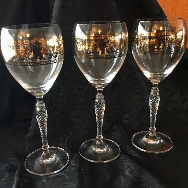 Vintage Royal Doulton "Tennyson" Wine Glasses with Gold Band and Swirl Stem (Set of Three) - Made in England - 1998 to 2001 (Discontinued)