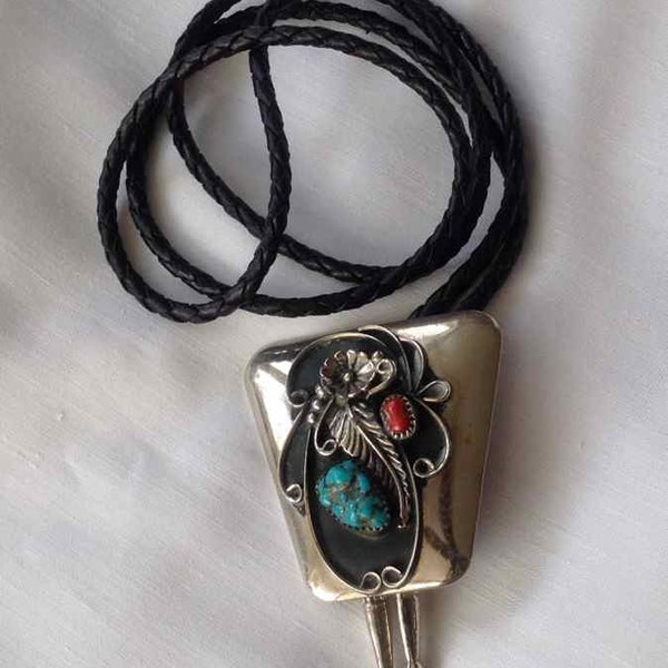 Vintage Navajo Bolo Tie with Silver, Turquoise, and Coral Slide - Made in Southwest US - Mid-Century