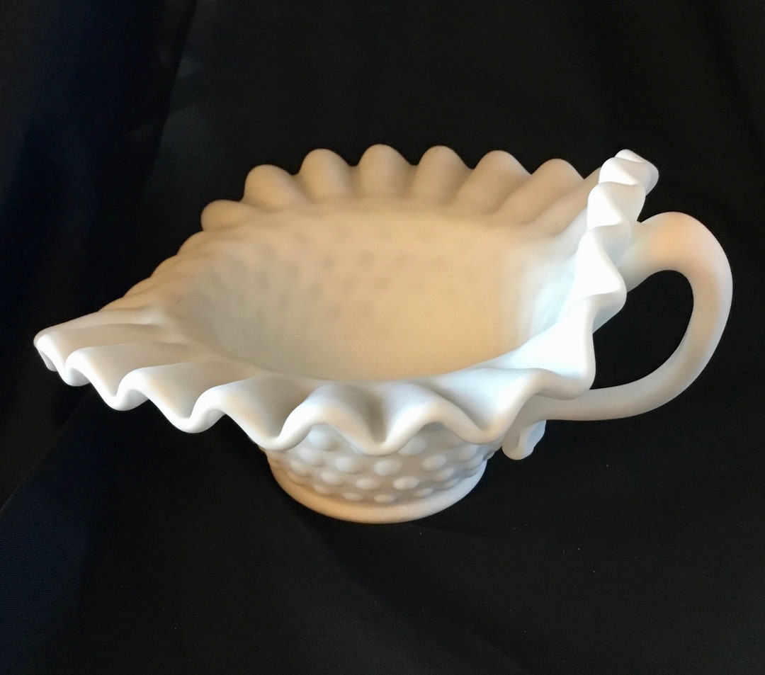 Vintage Fenton Glass Hobnail Ruffled Edge Milk Glass Candy Dish With ...