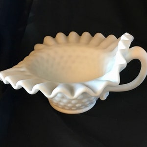 Vintage Fenton Glass Hobnail Ruffled Edge Milk Glass Candy Dish with Handle - Made in USA - Before 1970