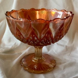 Vintage Marigold Carnival Glass Footed Compote or Candy Dish - Made in USA - Mid-Century